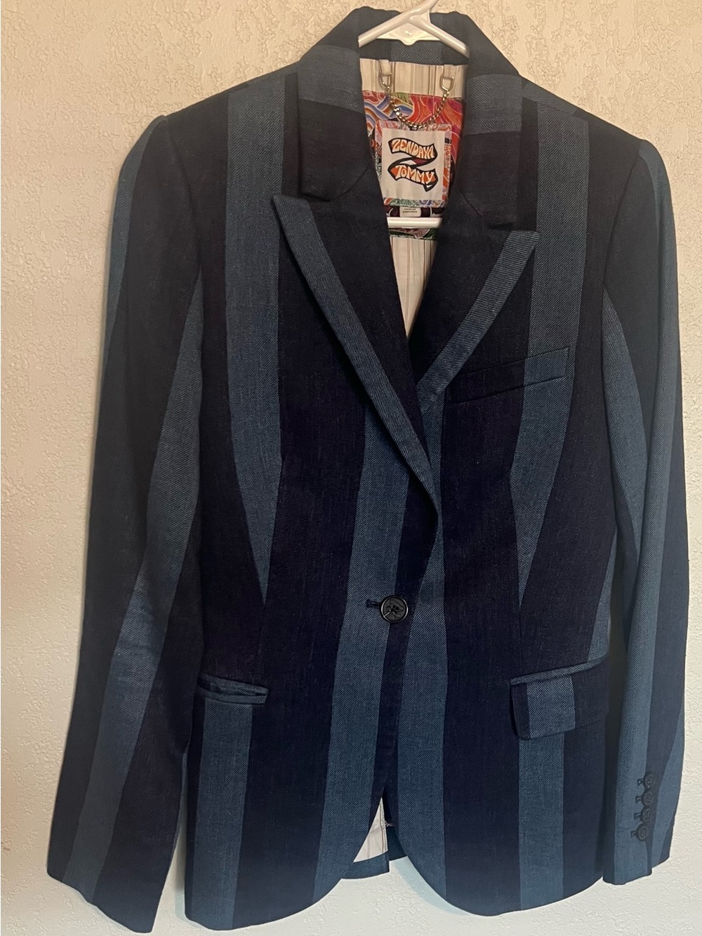 Striped Navy and Slate Single-Button Women's Blazer by